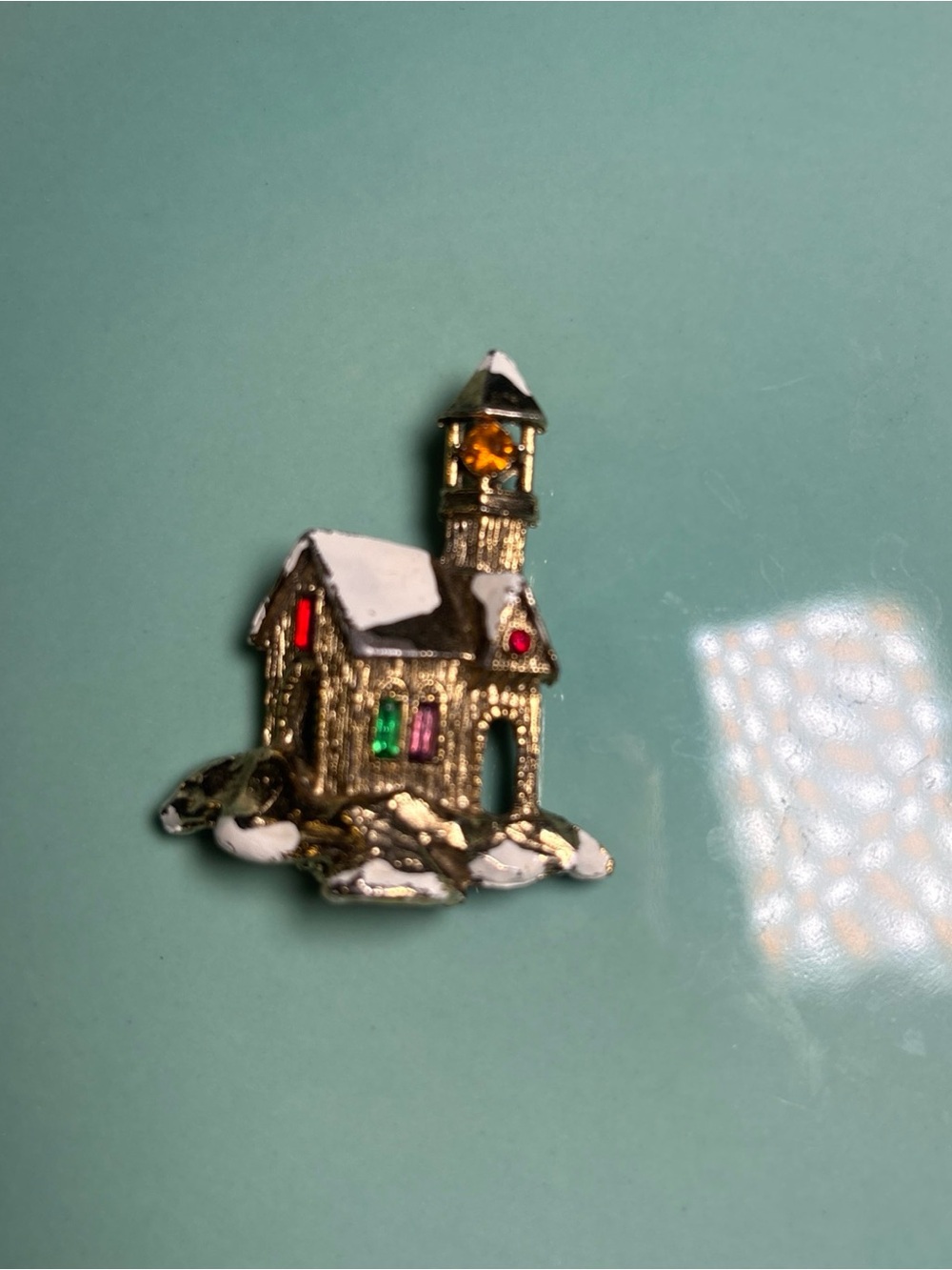 Gold Holiday Snowy Church Ornament Pin - Gold, Multicolor